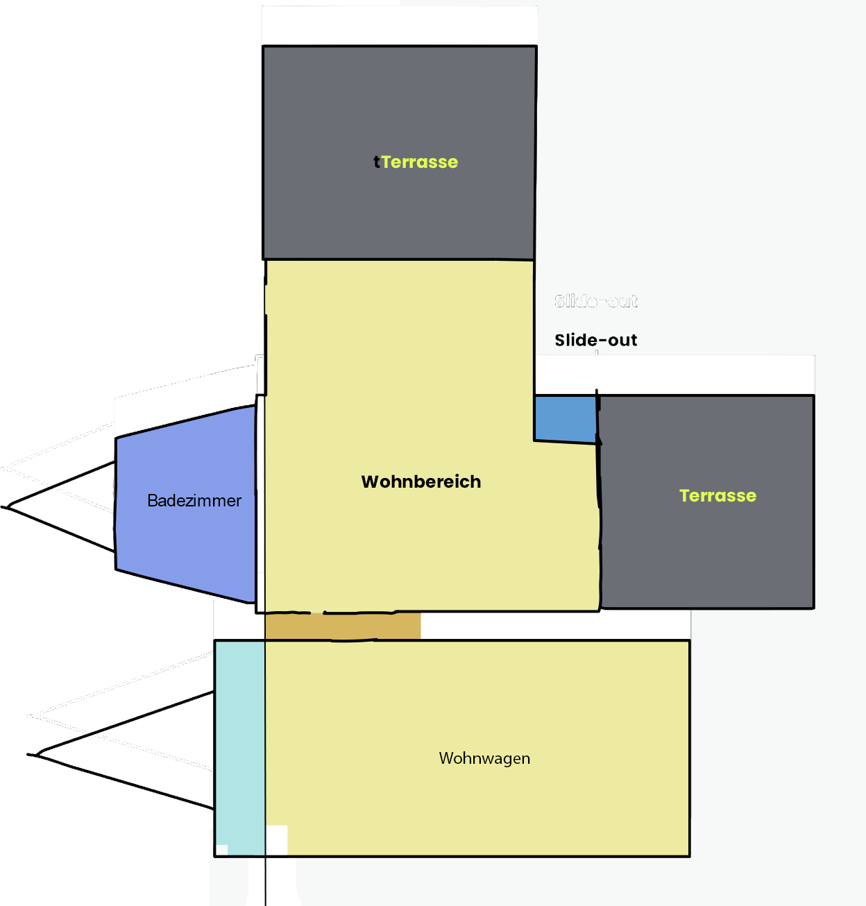 Technischer Grundriss des Wohnwagen-Tiny-House-Ensembles